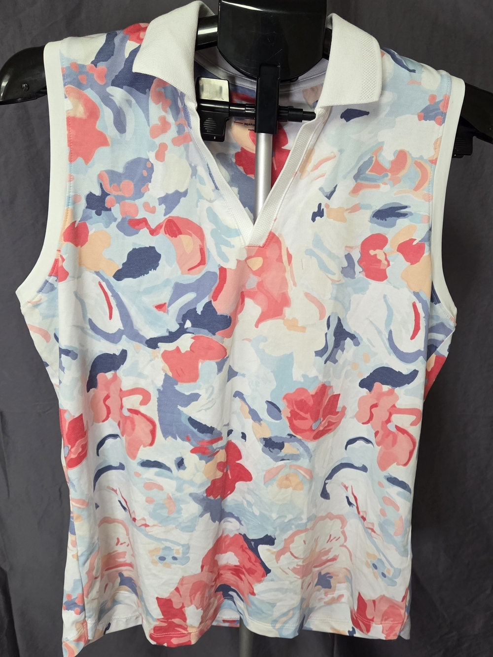 Walter Hagen Sleeveless Floral Polo Tank - White, Coral & Blue